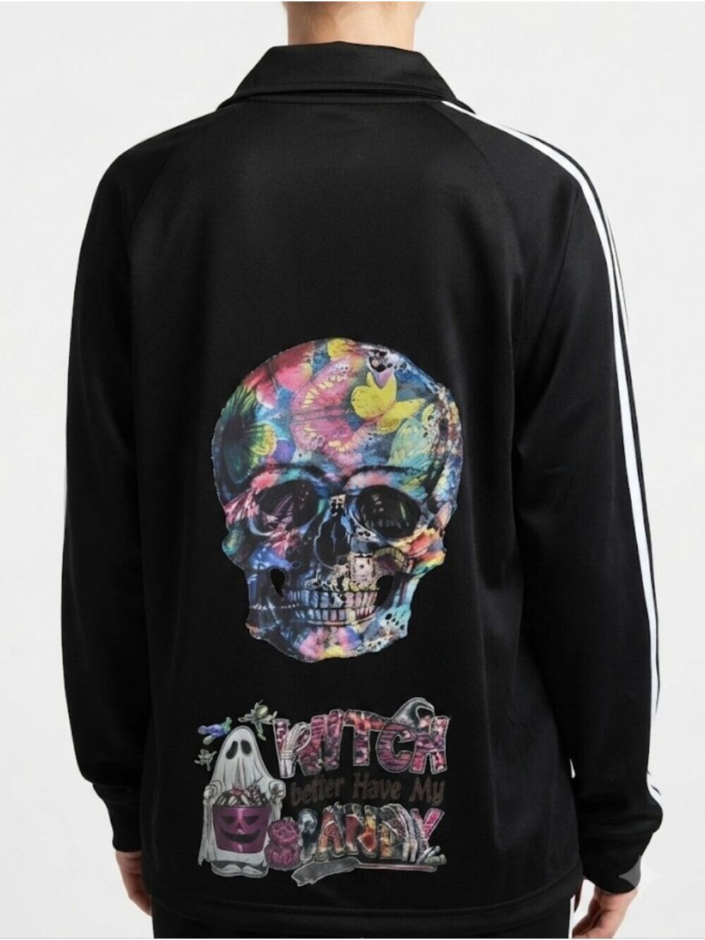 Upcycled Women's Unbranded Graphic Skull Zip-Up Sweatshirt, Black/White, Size M